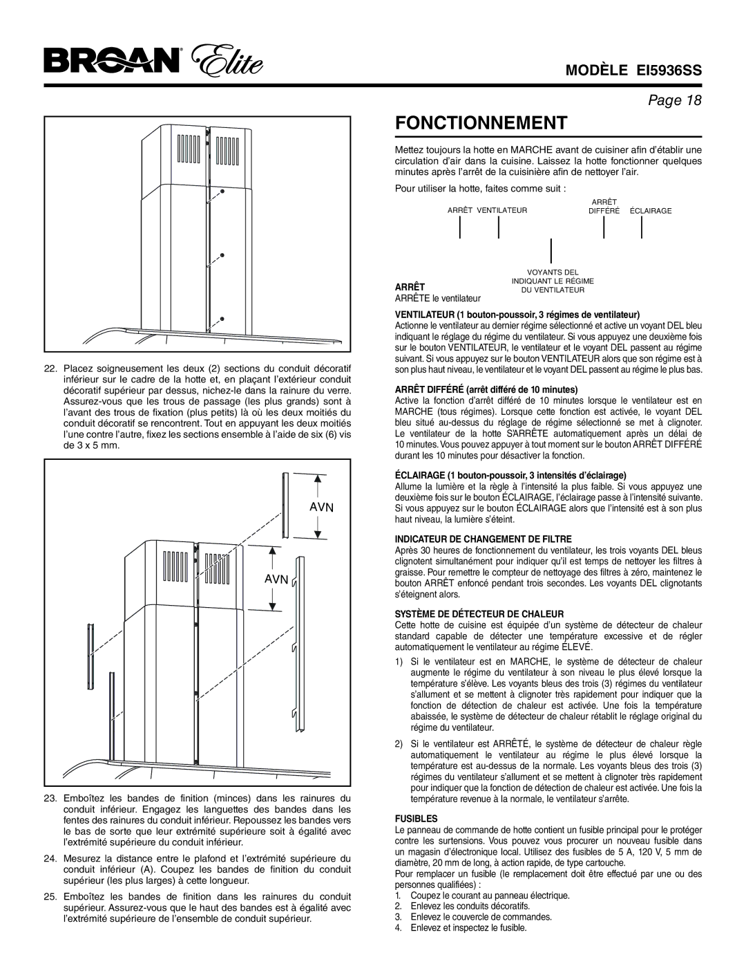 Broan EI5936SS Fonctionnement, Arrêt, Indicateur DE Changement DE Filtre, Système DE Détecteur DE Chaleur, Fusibles 