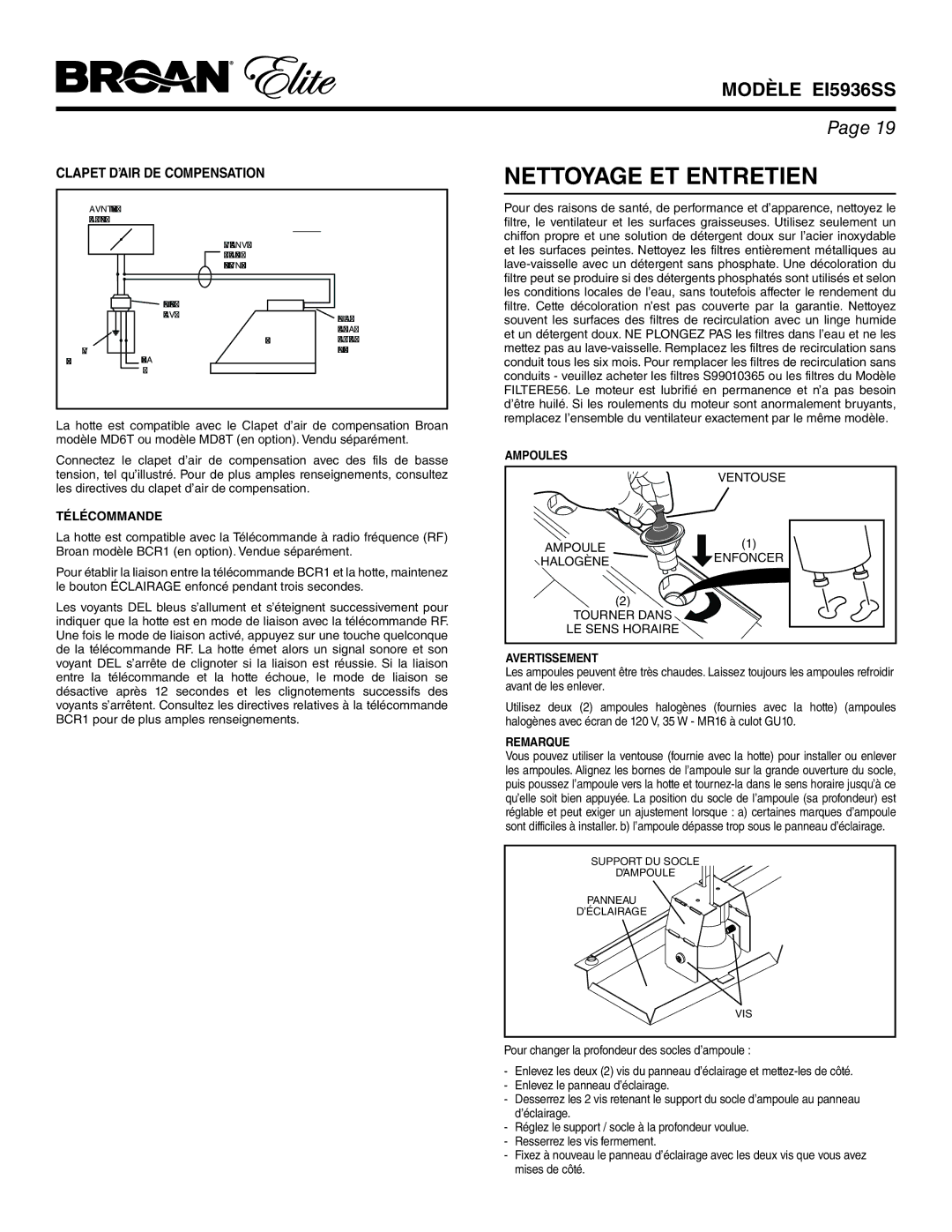 Broan EI5936SS warranty Nettoyage ET Entretien, Clapet D’AIR DE Compensation, Télécommande, Ampoules, Avertissement 