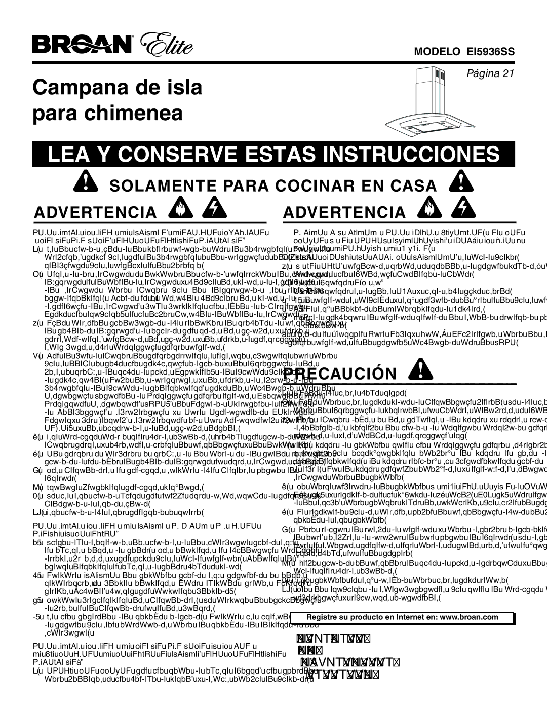 Broan EI5936SS warranty LEA Y Conserve Estas Instrucciones, Sólo debe usarse bajo techo 