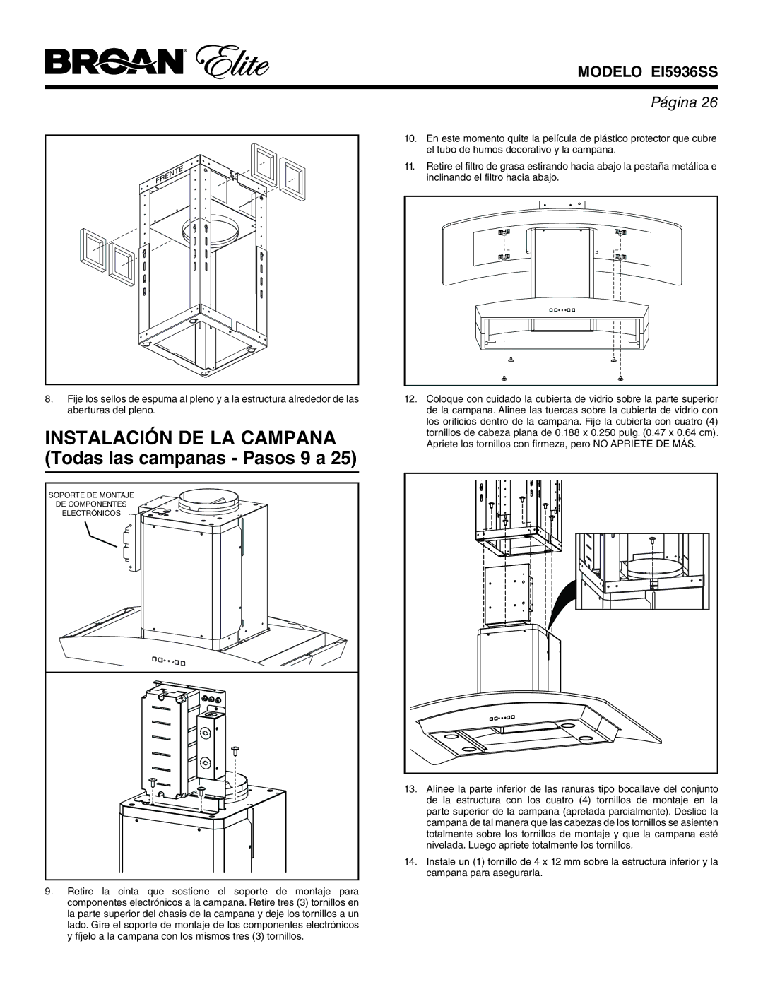 Broan EI5936SS warranty Instalación DE LA Campana Todas las campanas Pasos 9 a 