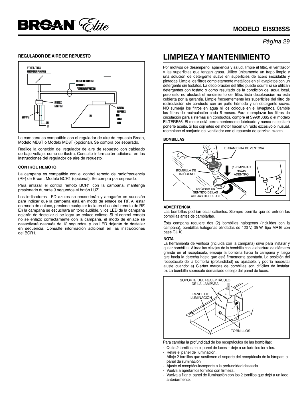 Broan EI5936SS warranty Limpieza Y Mantenimiento, Regulador DE Aire DE Repuesto 