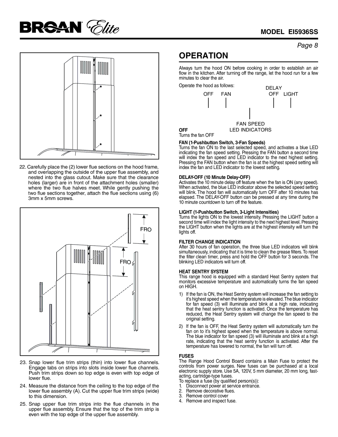 Broan EI5936SS warranty Operation, Off, Filter Change Indication, Heat Sentry System, Fuses 