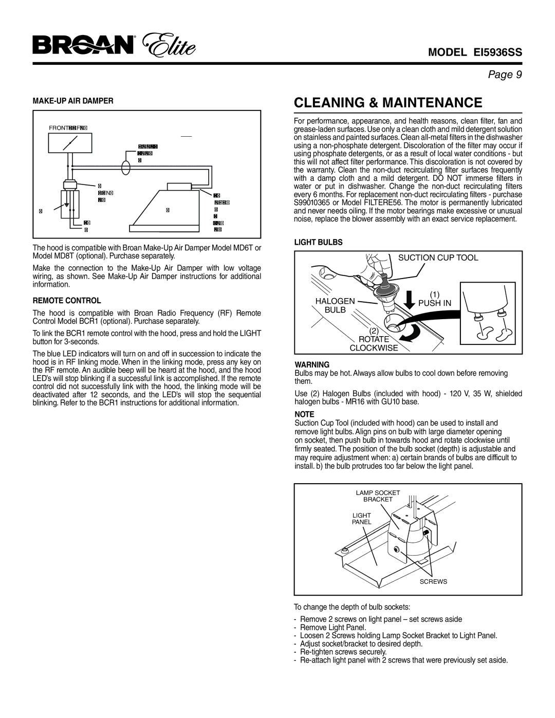 Broan EI5936SS Cleaning & Maintenance, MAKE-UP AIR Damper, Remote Control, Light Bulbs, Halogen Push Bulb Rotate Clockwise 