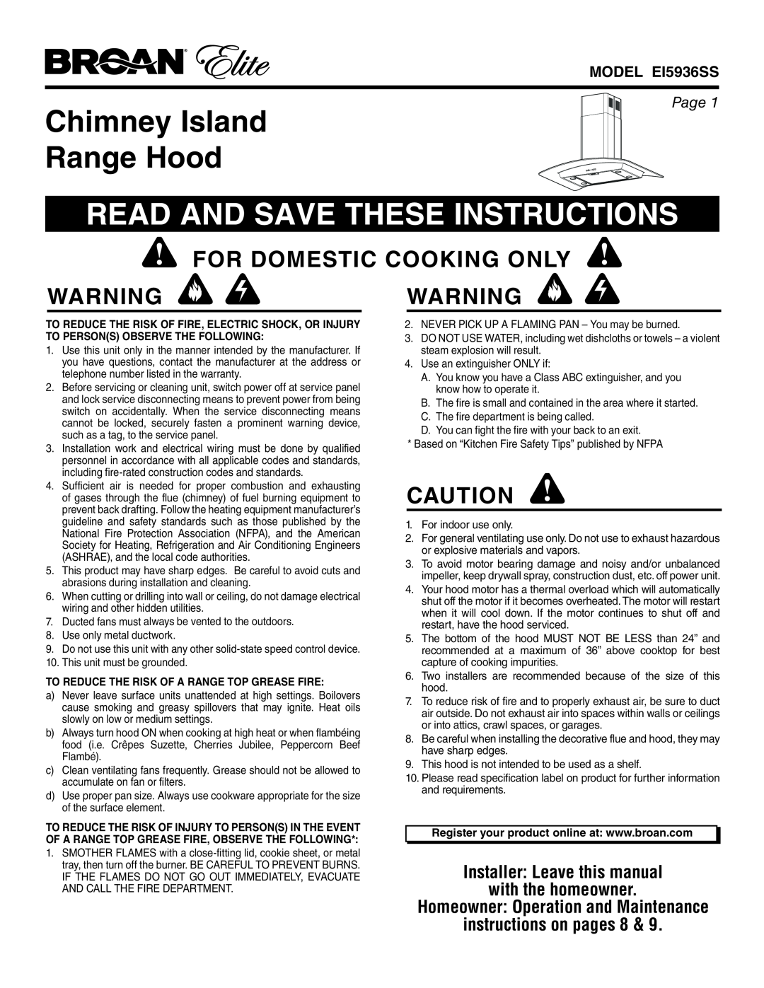 Broan EI5936SS warranty Chimney Island Range Hood, Read And Save These Instructions, For Domestic Cooking Only, Page 