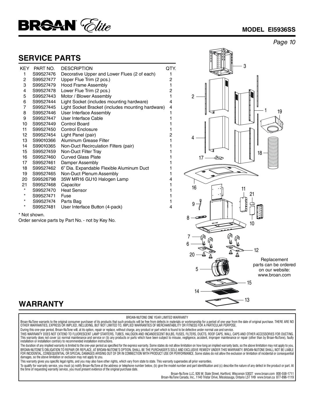 Broan warranty Service Parts, Warranty, MODEL EI5936SS, Page 