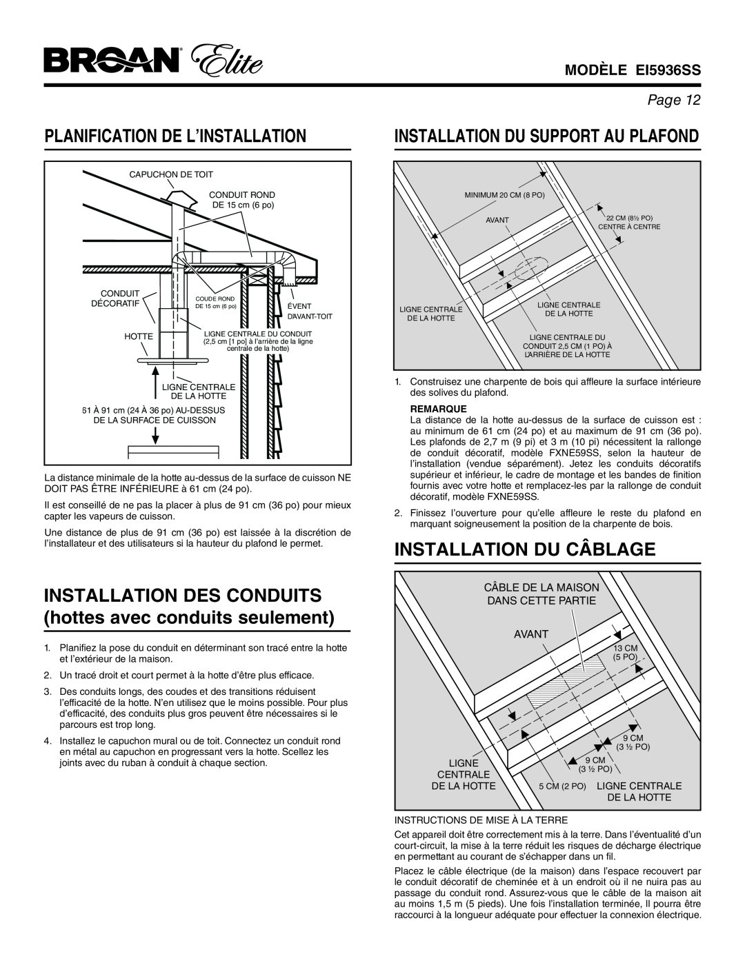 Broan Planification De L’Installation, INSTALLATION DES CONDUITS hottes avec conduits seulement, MODÈLE EI5936SS, Page 