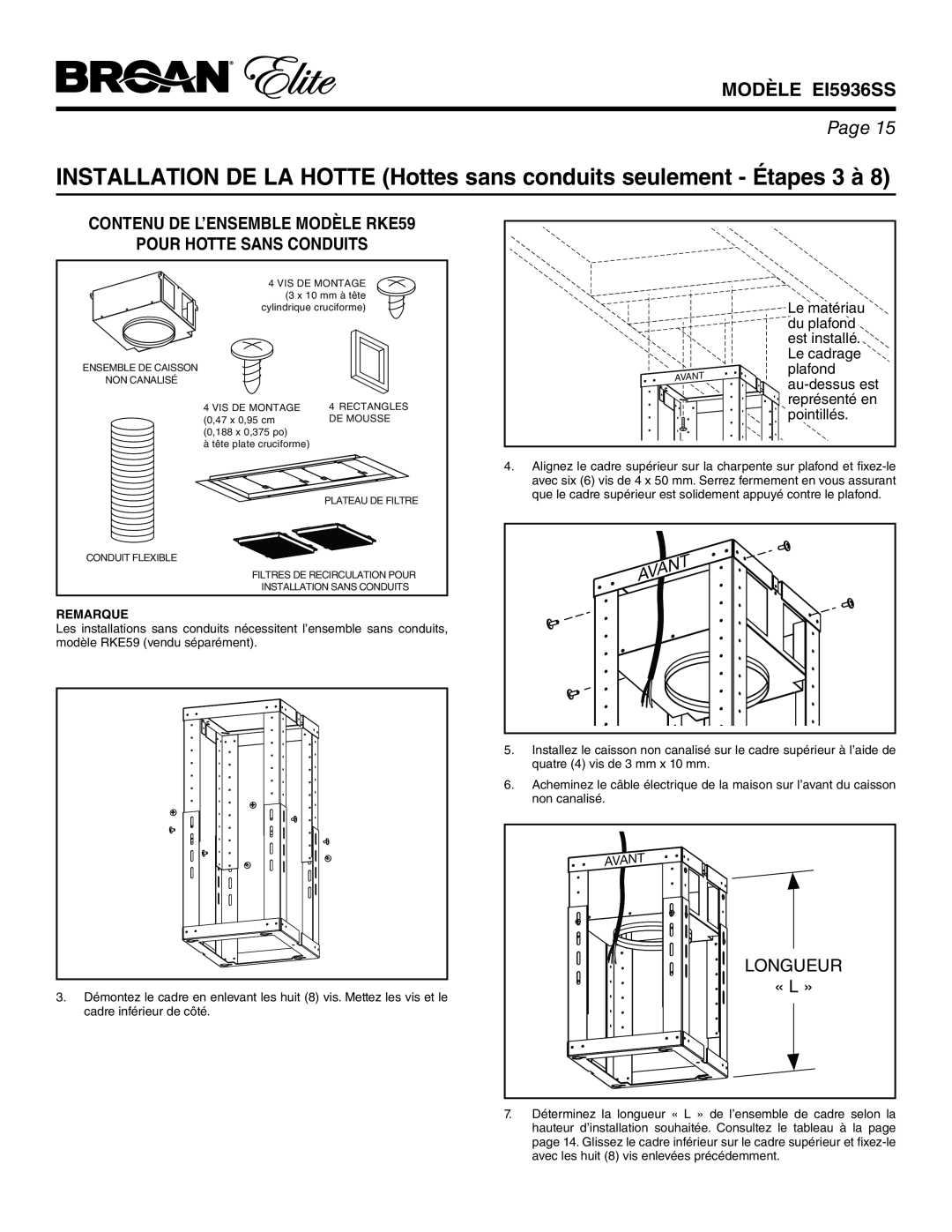 Broan EI5936SS INSTALLATION DE LA HOTTE Hottes sans conduits seulement - Étapes 3 à, Longueur, « L », Avant, Page, plafond 