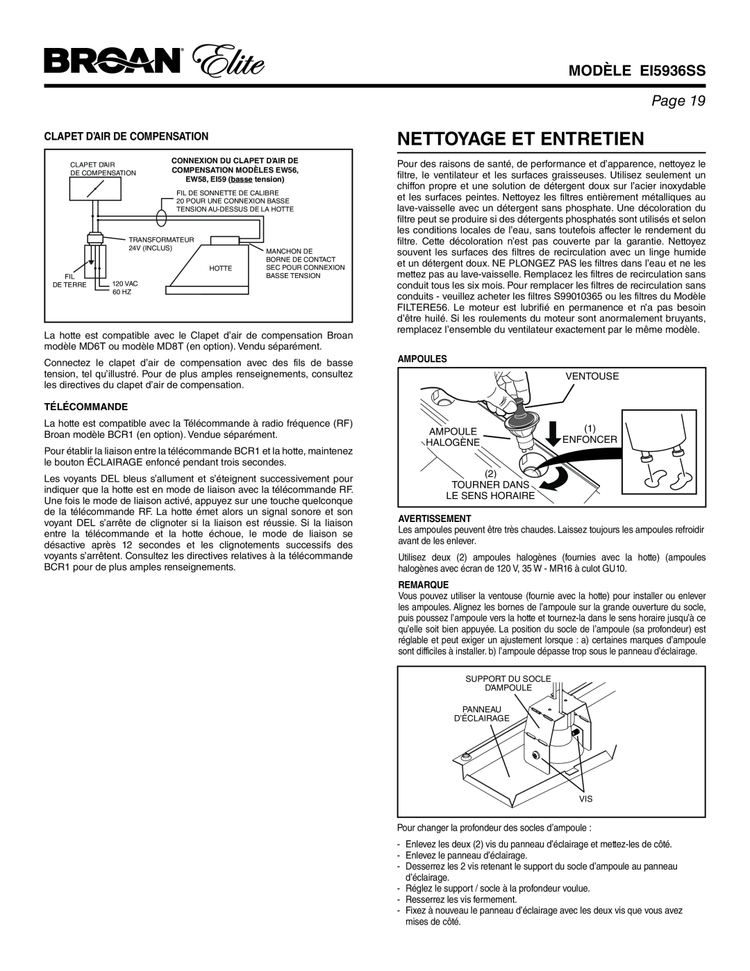 Broan Nettoyage Et Entretien, Clapet D’Air De Compensation, MODÈLE EI5936SS, Page, Télécommande, Ampoules, Remarque 