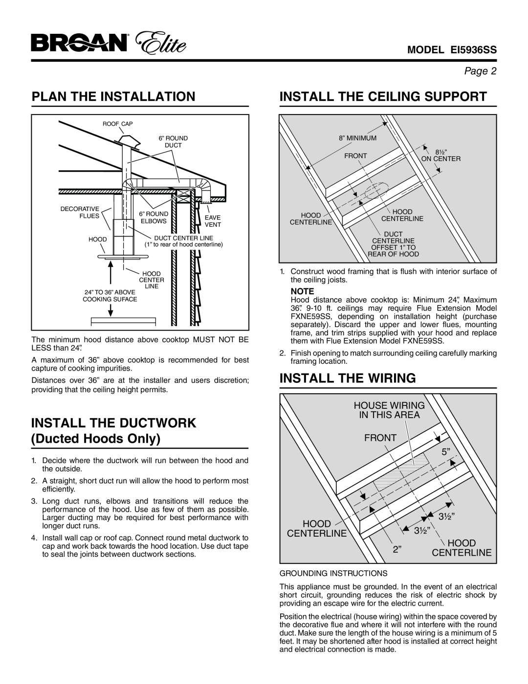 Broan EI5936SS Plan The Installation, INSTALL THE DUCTWORK Ducted Hoods Only, Install The Ceiling Support, House Wiring 