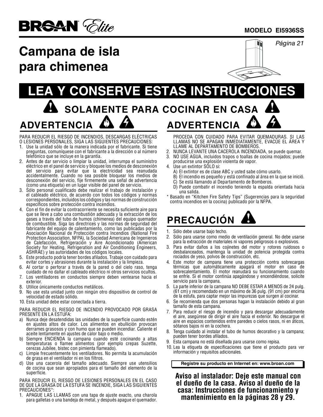 Broan EI5936SS Campana de isla para chimenea, Lea Y Conserve Estas Instrucciones, Solamente Para Cocinar En Casa, Página 
