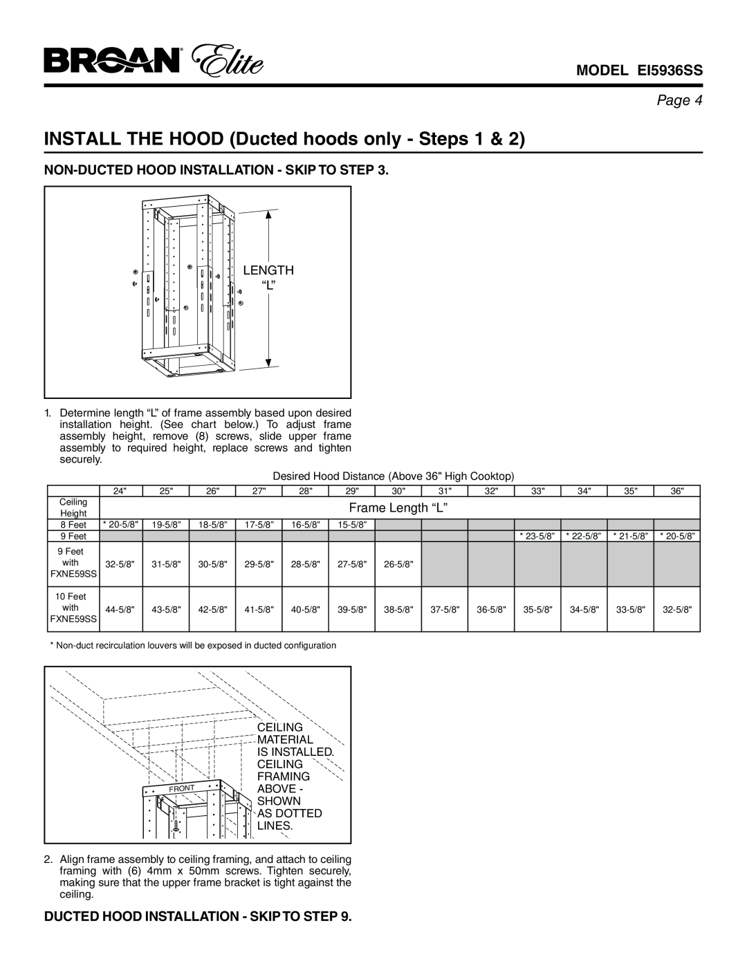 Broan EI5936SS INSTALL THE HOOD Ducted hoods only - Steps 1, Non-Ducted Hood Installation - Skip To Step, Length, Ceiling 
