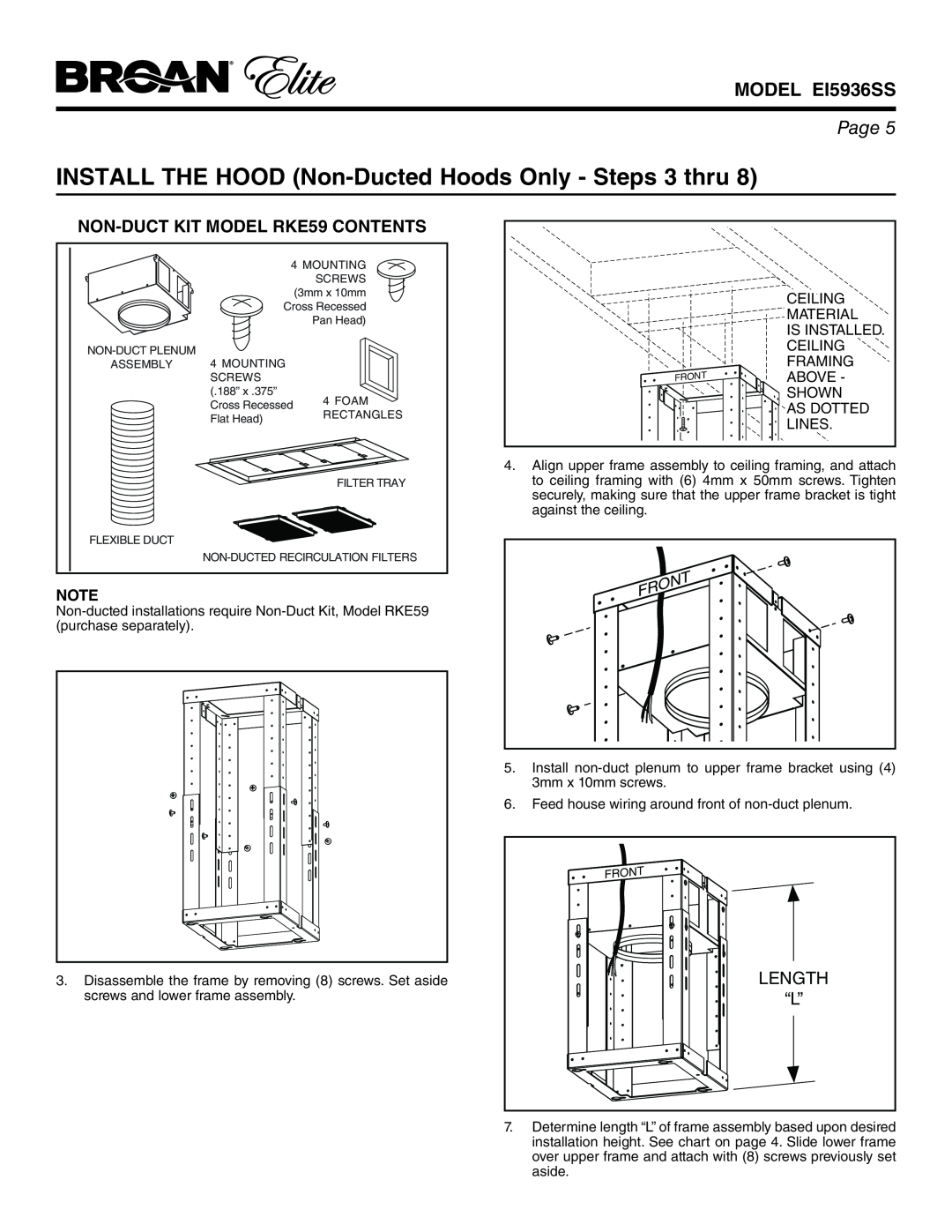 Broan EI5936SS INSTALL THE HOOD Non-Ducted Hoods Only - Steps 3 thru, NON-DUCT KIT MODEL RKE59 CONTENTS, Length, Page 