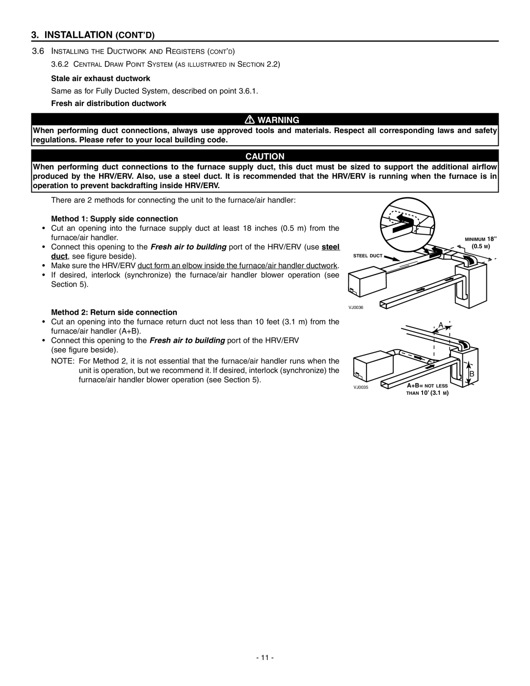 Broan ERV90HCS, HRV90H Method 1 Supply side connection, Duct, see figure beside, Method 2 Return side connection 