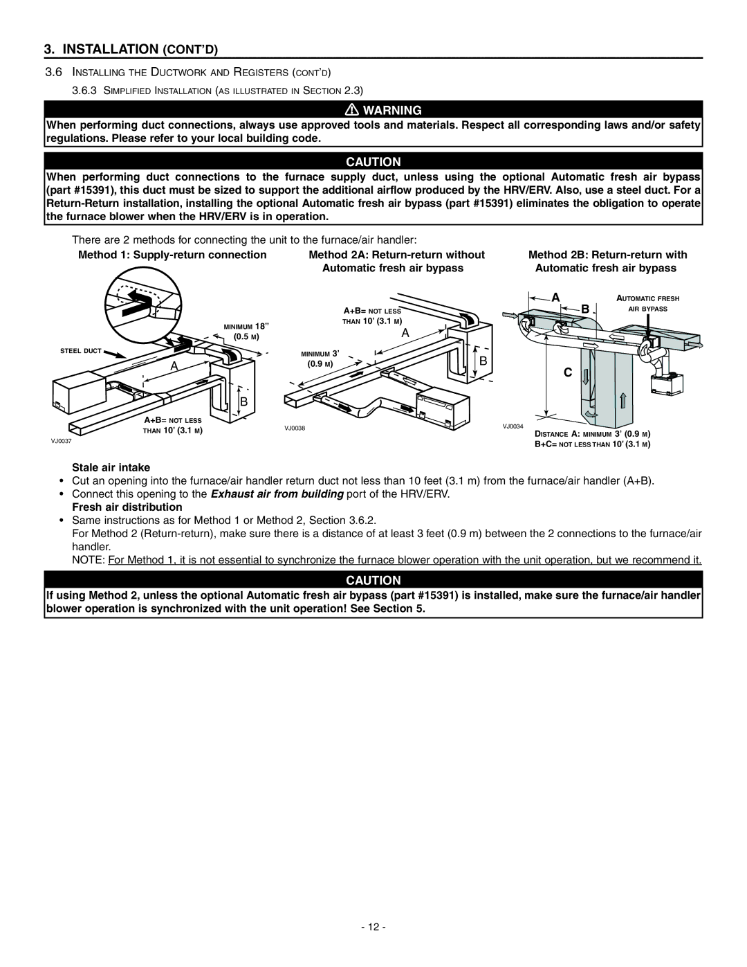 Broan ERV90HCS, HRV90H Method 2B Return-return with Automatic fresh air bypass, Stale air intake, Fresh air distribution 