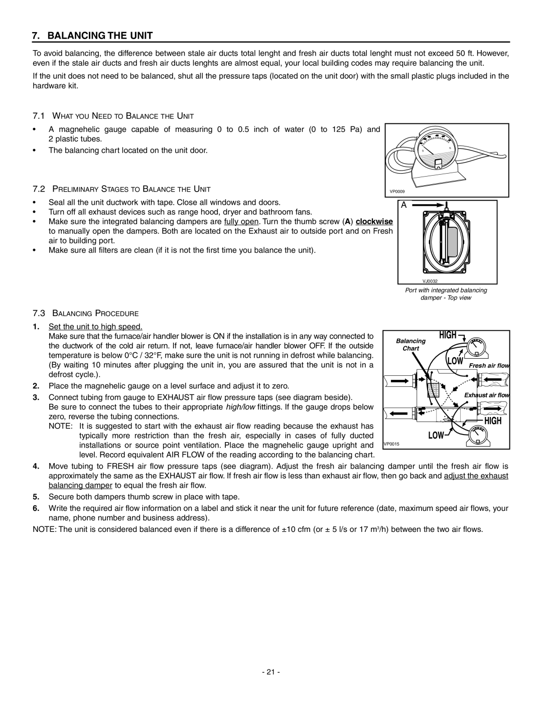 Broan ERV90HCS, HRV90HS installation instructions Balancing the Unit 