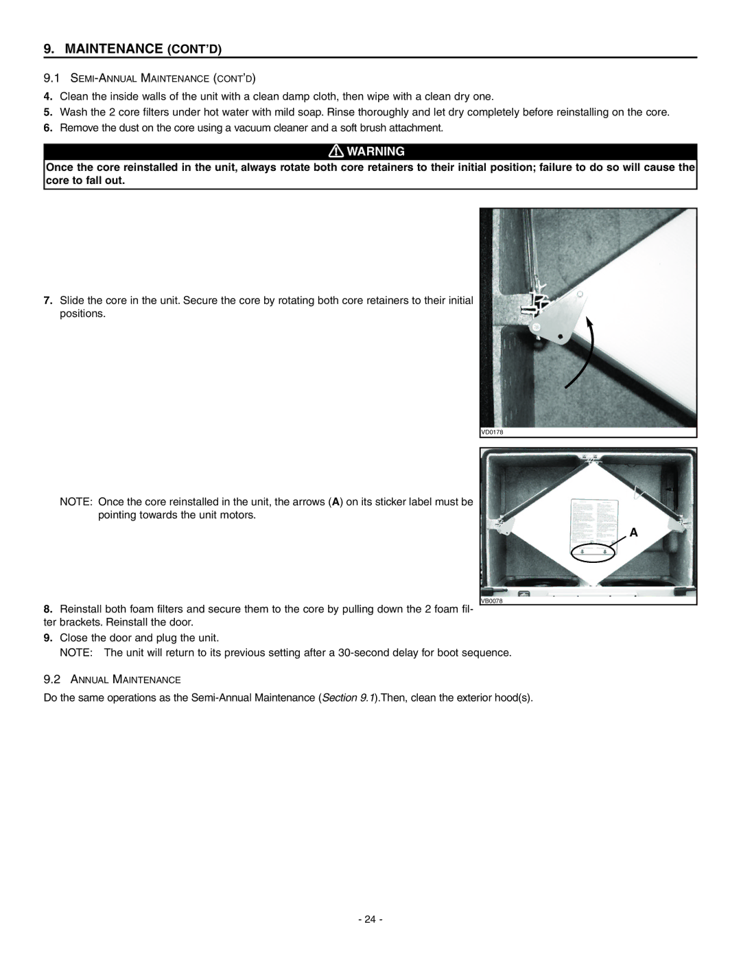 Broan ERV90HCS, HRV90HS installation instructions Maintenance CONT’D 