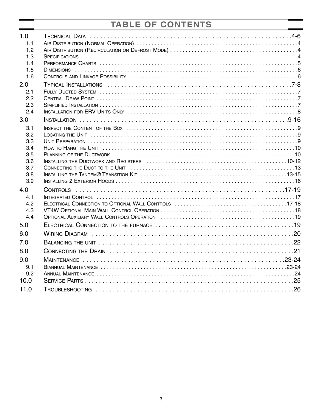 Broan ERV90HCS, HRV90HS installation instructions Table of Contents 