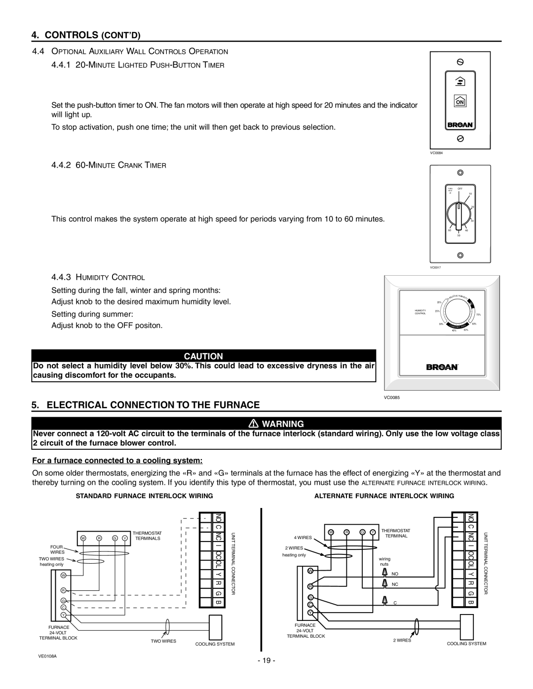 Broan ERV90HCS, HRV90HS installation instructions Controls Cont’D, Electrical Connection To The Furnace, 0 ! WARNING 