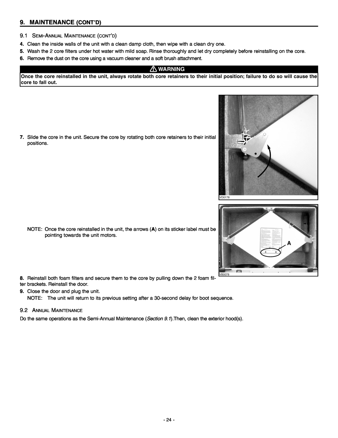 Broan ERV90HCS, HRV90HS installation instructions Maintenance Cont’D 