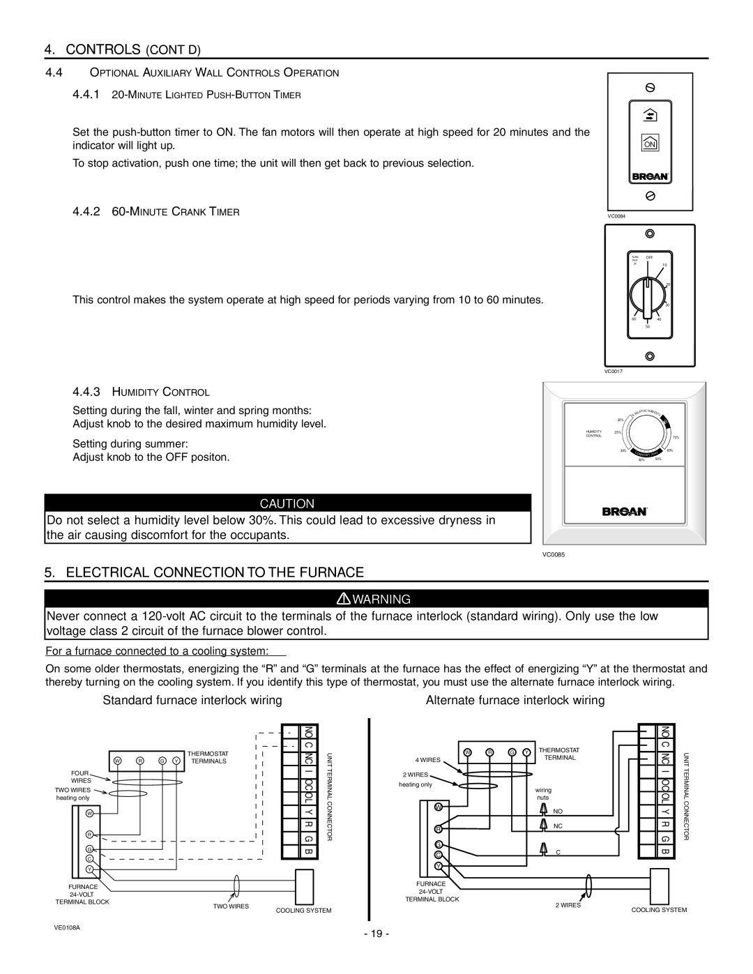 Broan HRV90HT, ERV90HCT Electrical Connection to the Furnace, For a furnace connected to a cooling system 