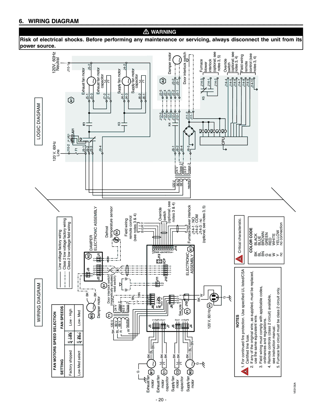 Broan ERV90HCT, HRV90HT installation instructions 6WIRING, Diagram 