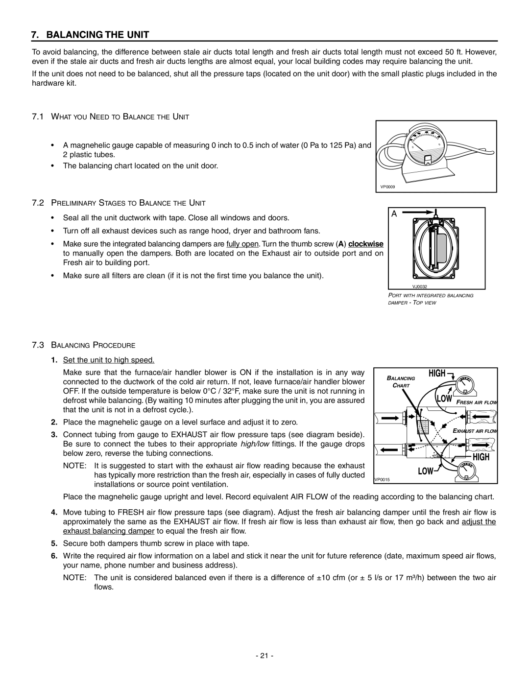 Broan HRV90HT, ERV90HCT installation instructions Balancing the Unit 