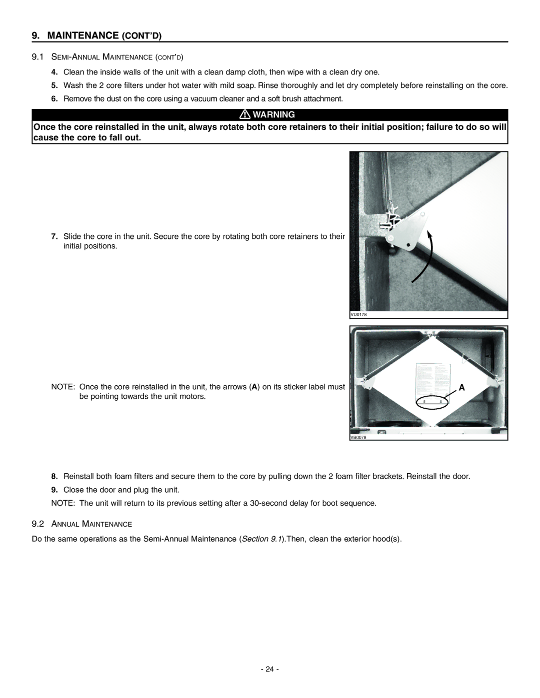 Broan ERV90HCT, HRV90HT installation instructions Maintenance CONT’D 