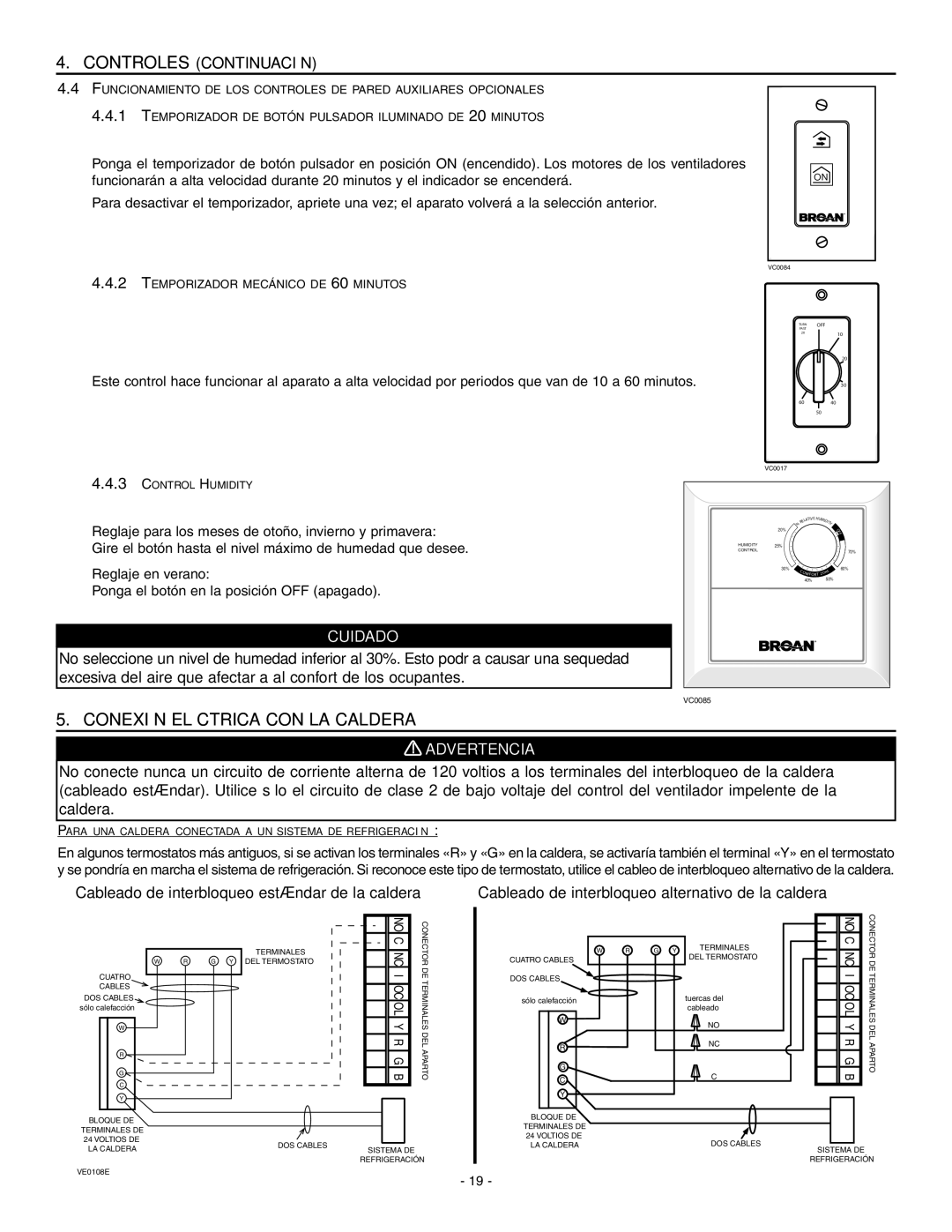 Broan HRV90HT, ERV90HCT Conexión Eléctrica CON LA Caldera, Cableado de interbloqueo estándar de la caldera 