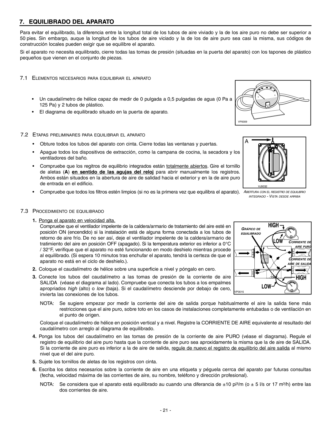 Broan HRV90HT, ERV90HCT installation instructions Equilibrado DEL Aparato, Ponga el aparato en velocidad alta 