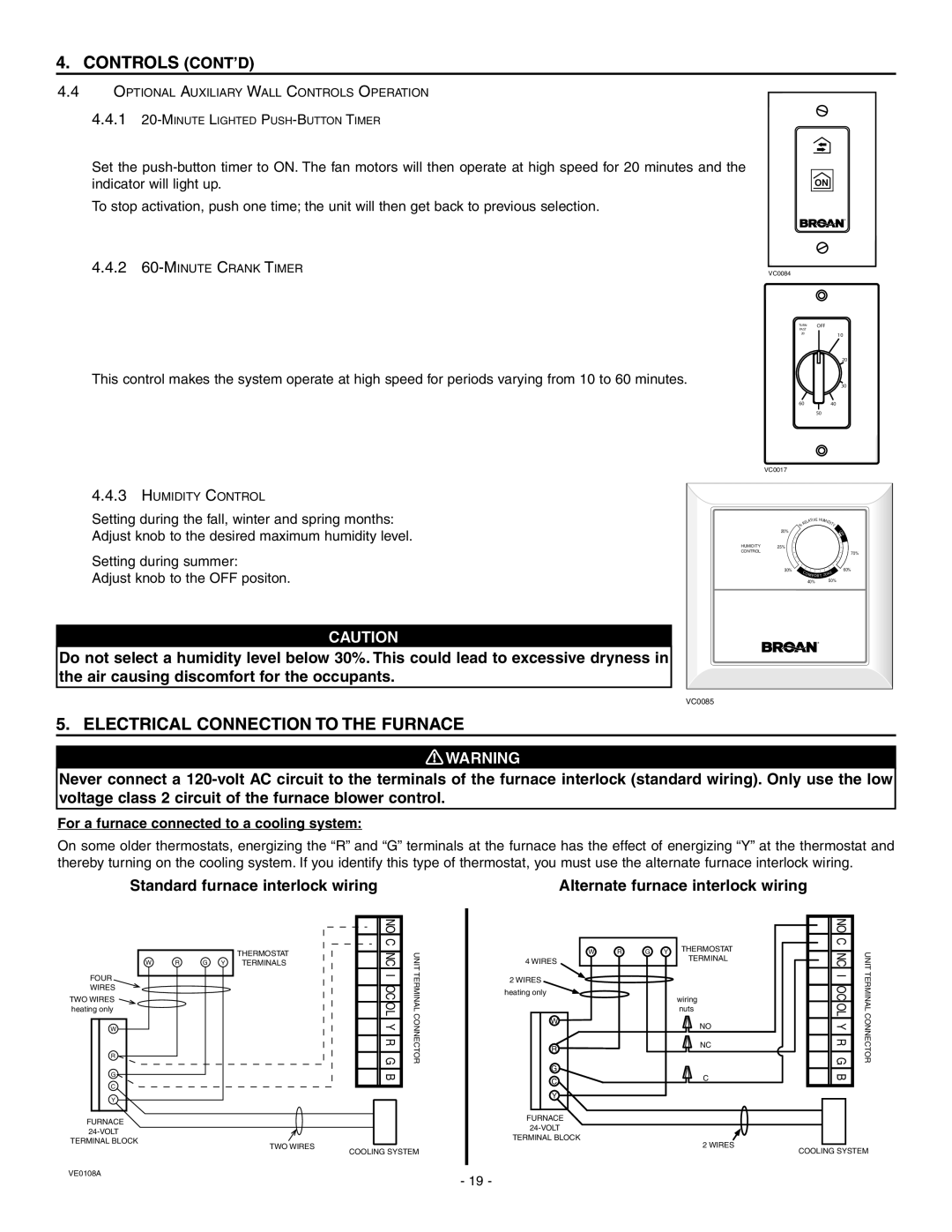 Broan HRV90HT Controls Cont’D, Electrical Connection To The Furnace, 0! WARNING, Standard furnace interlock wiring 