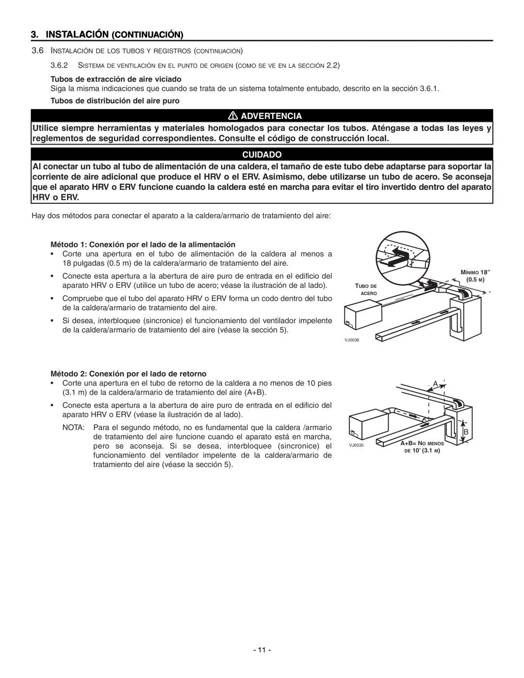 Broan HRV90HT, ERV90HCT installation instructions Instalación Continuación, Advertencia, Cuidado 