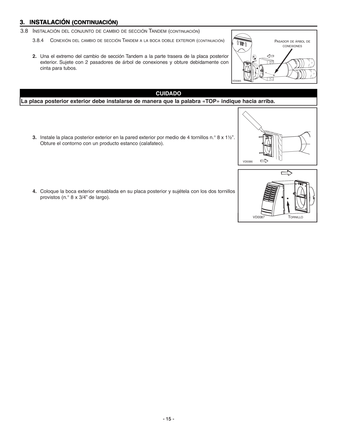 Broan HRV90HT, ERV90HCT installation instructions Instalación Continuación, Cuidado, VD0087TORNILLO 