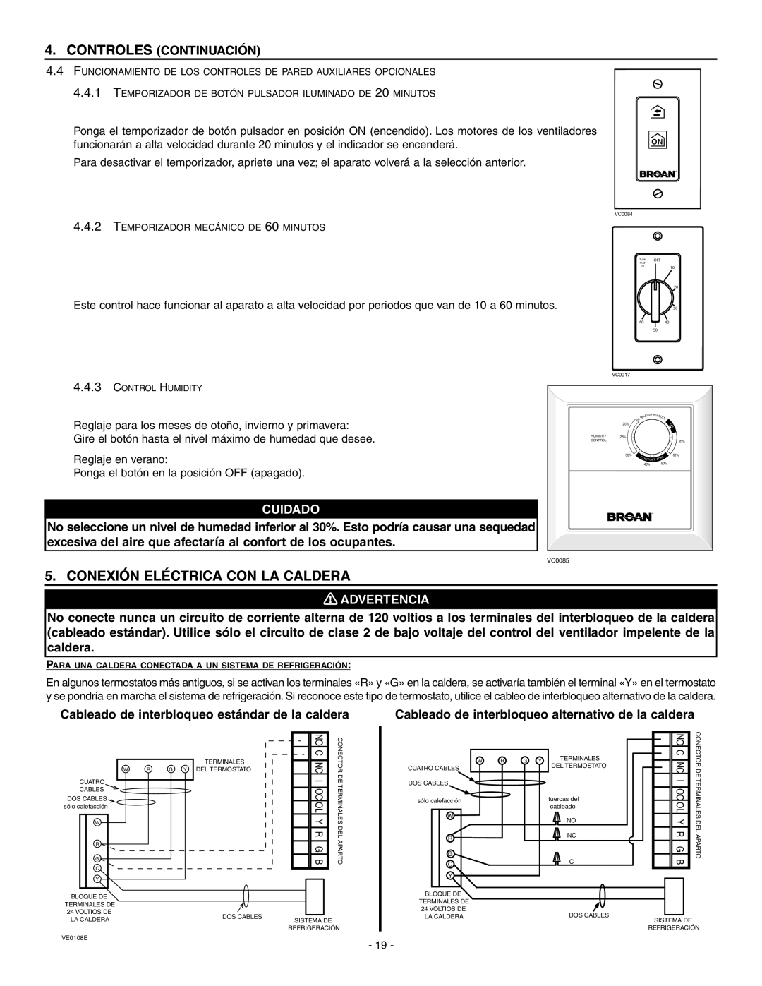 Broan HRV90HT, ERV90HCT Conexión Eléctrica Con La Caldera, Controles Continuación, Cuidado, Advertencia 