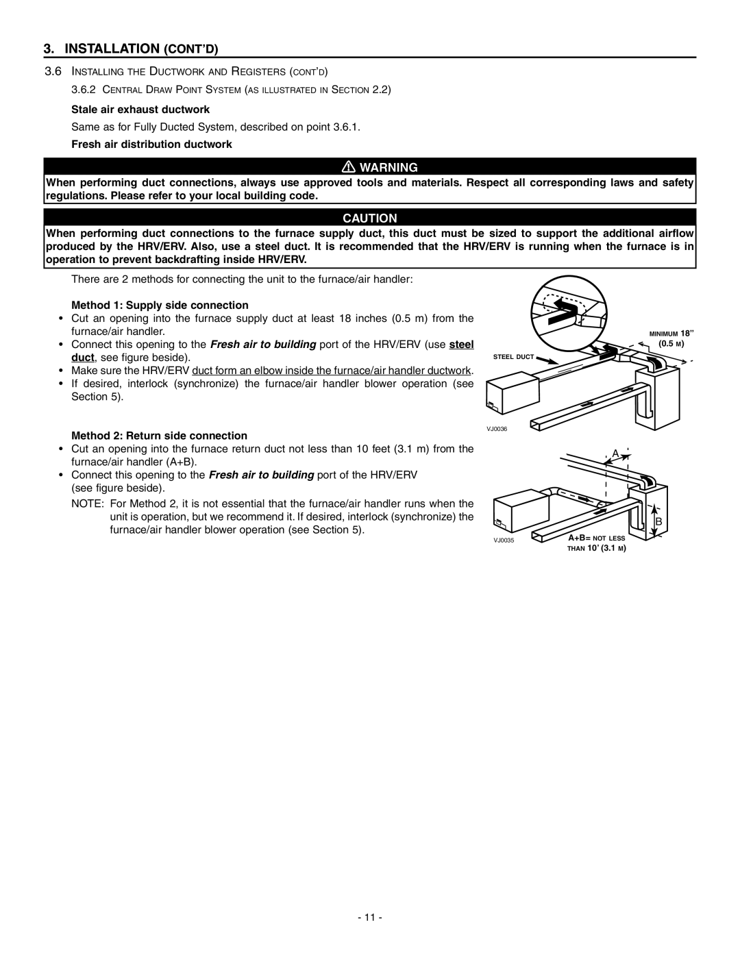 Broan ERV90HCT Method 1 Supply side connection, Duct, see figure beside, Method 2 Return side connection 