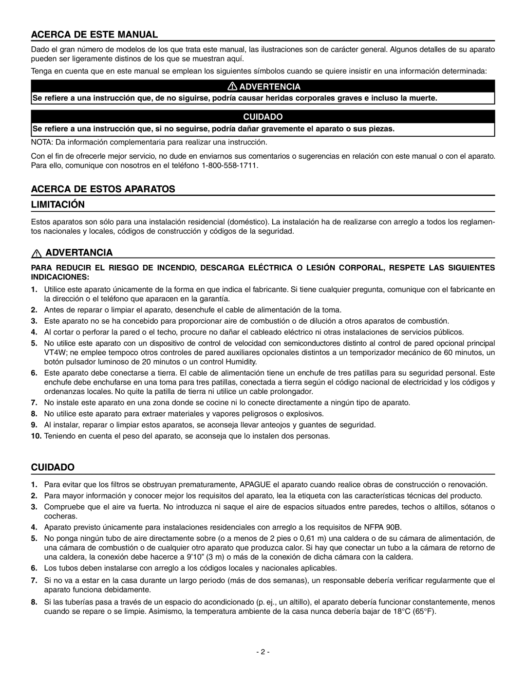 Broan ERV90HCT installation instructions Acerca DE Este Manual, Acerca DE Estos Aparatos Limitación, Advertancia, Cuidado 