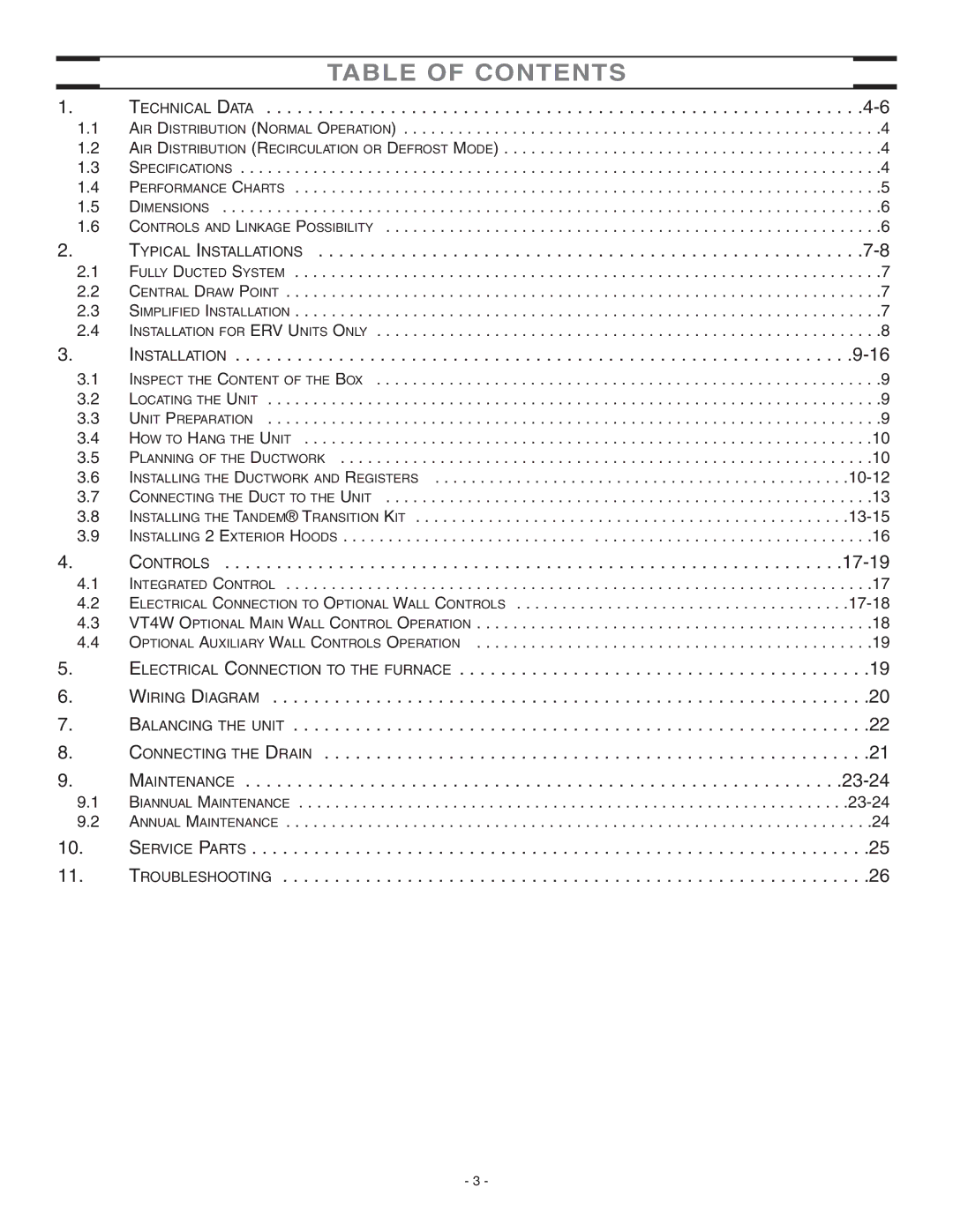 Broan ERV90HCT installation instructions Table of Contents 