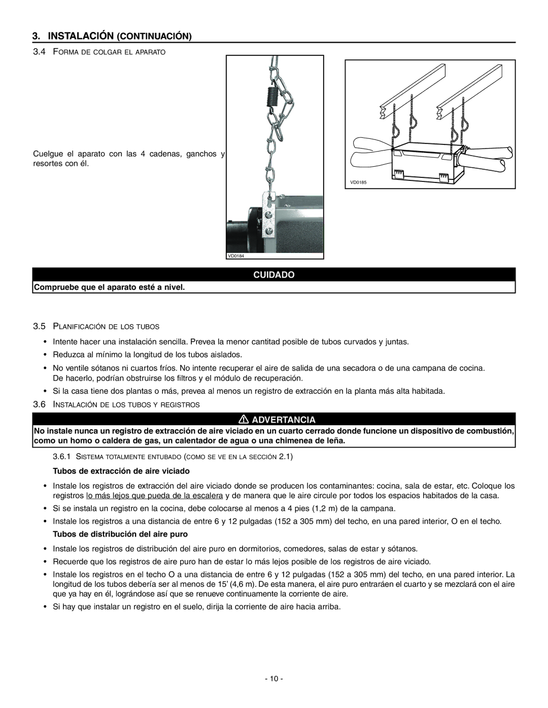 Broan ERV90HCT installation instructions Compruebe que el aparato esté a nivel, Tubos de extracción de aire viciado 