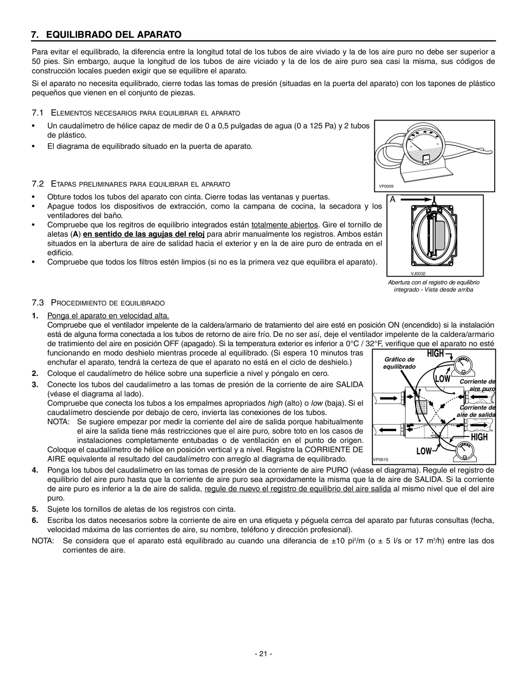 Broan ERV90HCT installation instructions Equilibrado DEL Aparato, Ponga el aparato en velocidad alta 