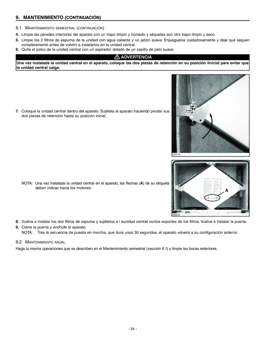 Broan ERV90HCT installation instructions Mantenimiento Continuación 