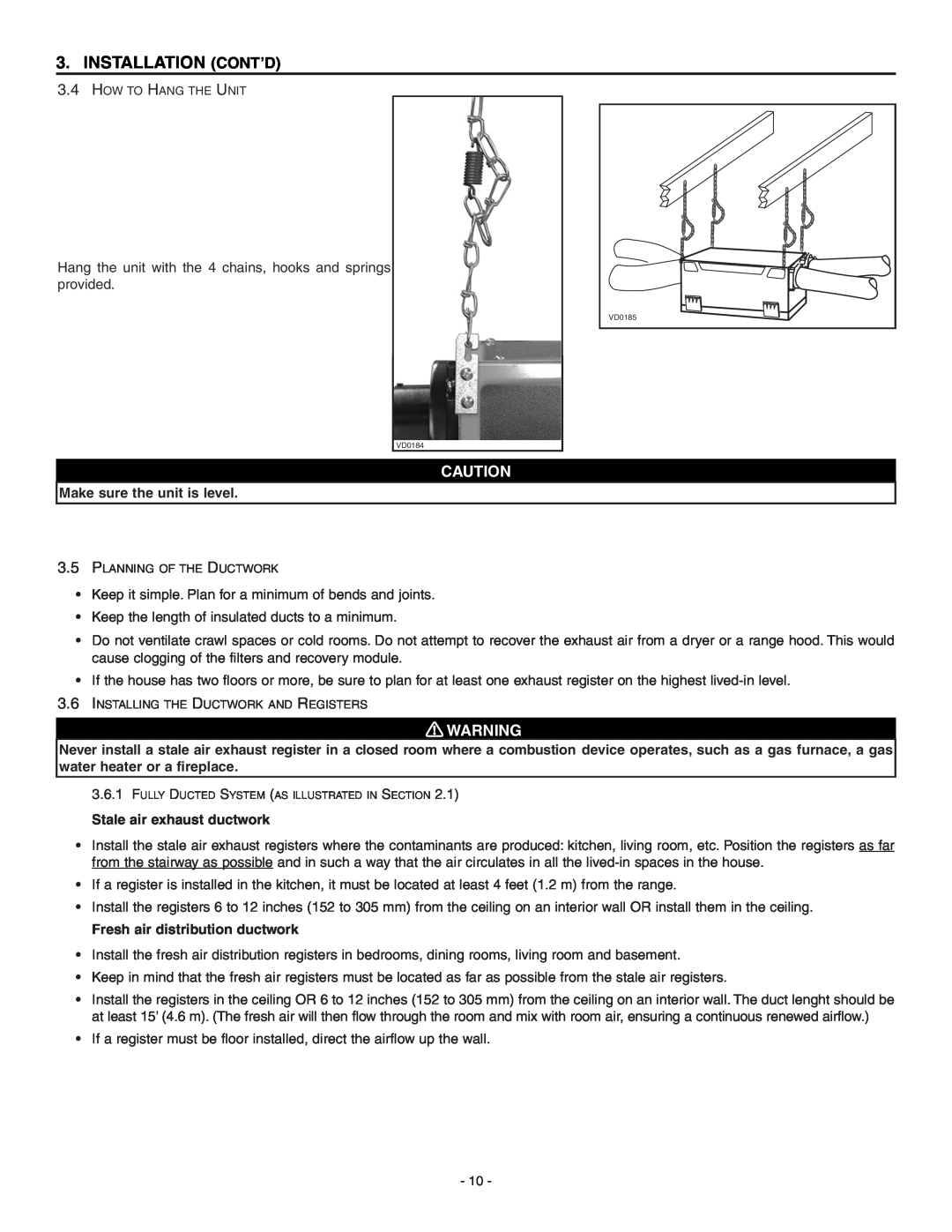 Broan ERV90HCT installation instructions Installation Cont’D, Make sure the unit is level, Stale air exhaust ductwork 