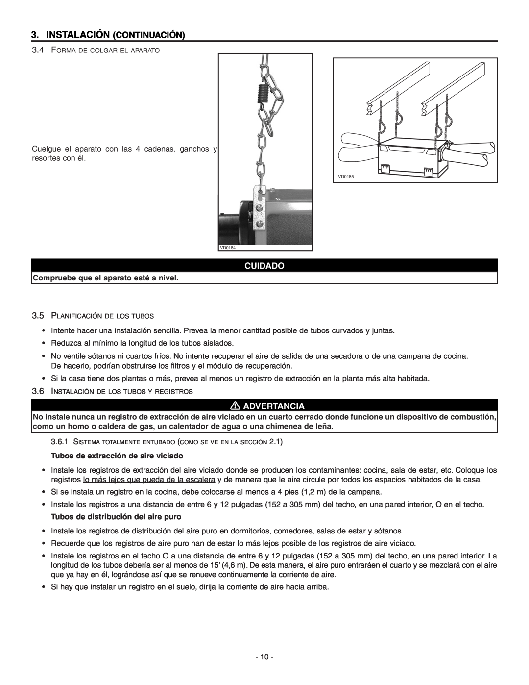 Broan ERV90HCT installation instructions Instalación Continuación, Cuidado, Advertancia 