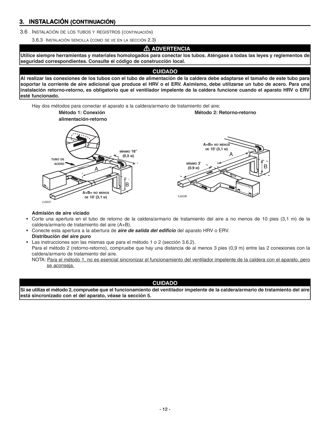 Broan ERV90HCT installation instructions Instalación Continuación, Advertencia, Cuidado 