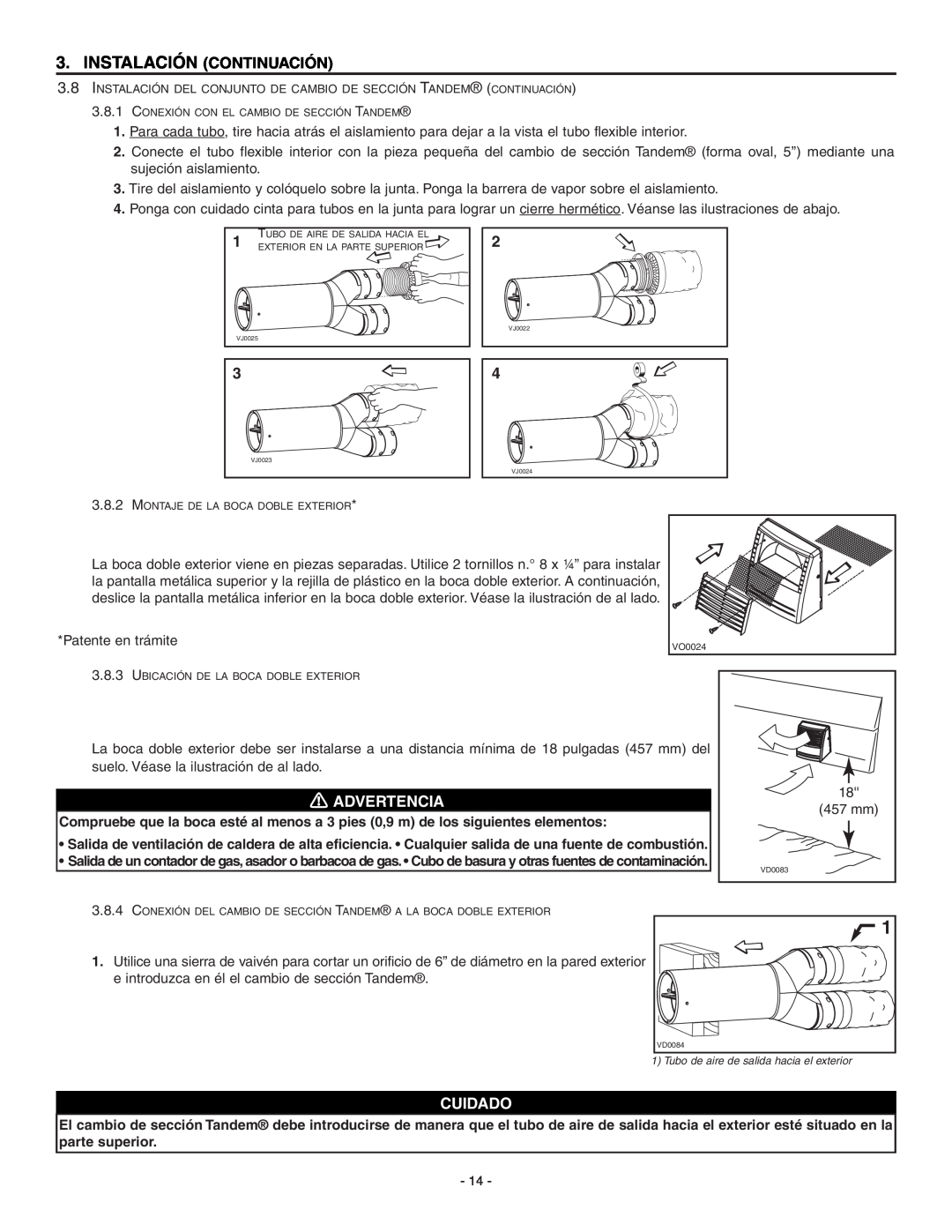 Broan ERV90HCT installation instructions Instalación Continuación, Advertencia, Cuidado, Patente en trámite 