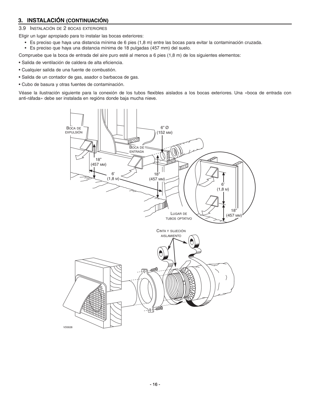 Broan ERV90HCT installation instructions Instalación Continuación, Cualquier salida de una fuente de combustión 