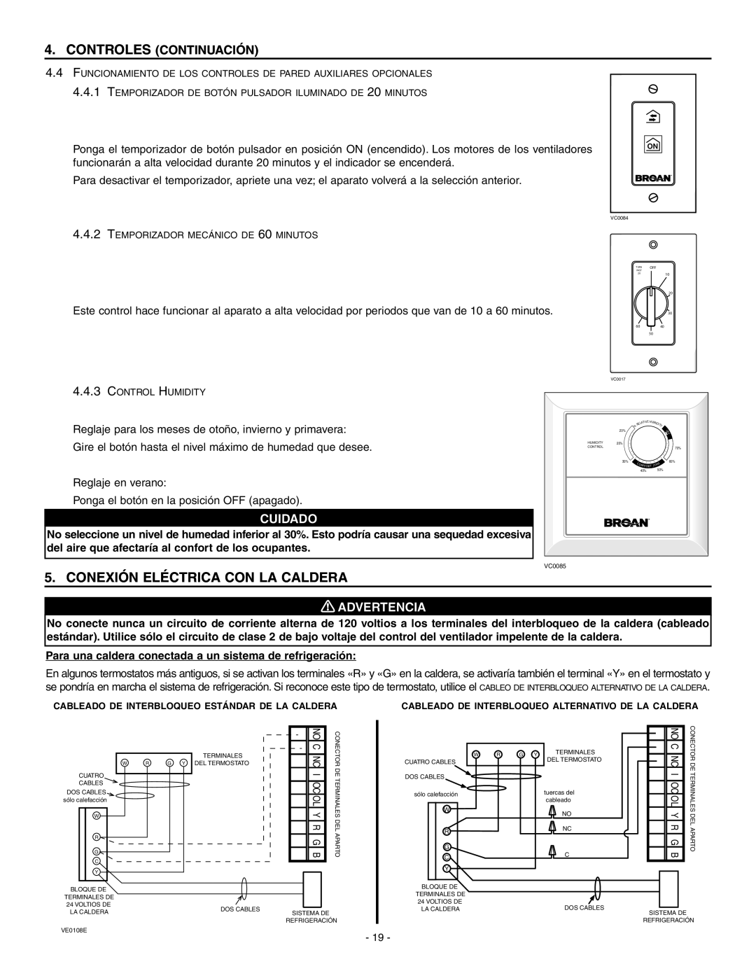 Broan ERV90HCT Conexión Eléctrica Con La Caldera, Controles Continuación, Cuidado, 0 ! ADVERTENCIA 