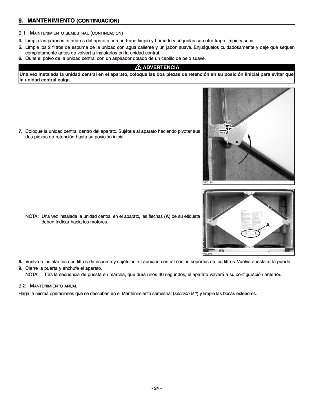 Broan ERV90HCT installation instructions Mantenimiento Continuación, Advertencia 