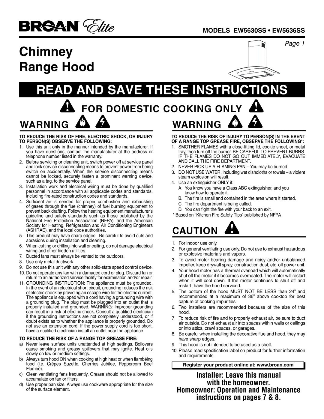 Broan EW5630SS, EW5636SS manual Read and Save These Instructions, To Reduce the Risk of a Range TOP Grease Fire 