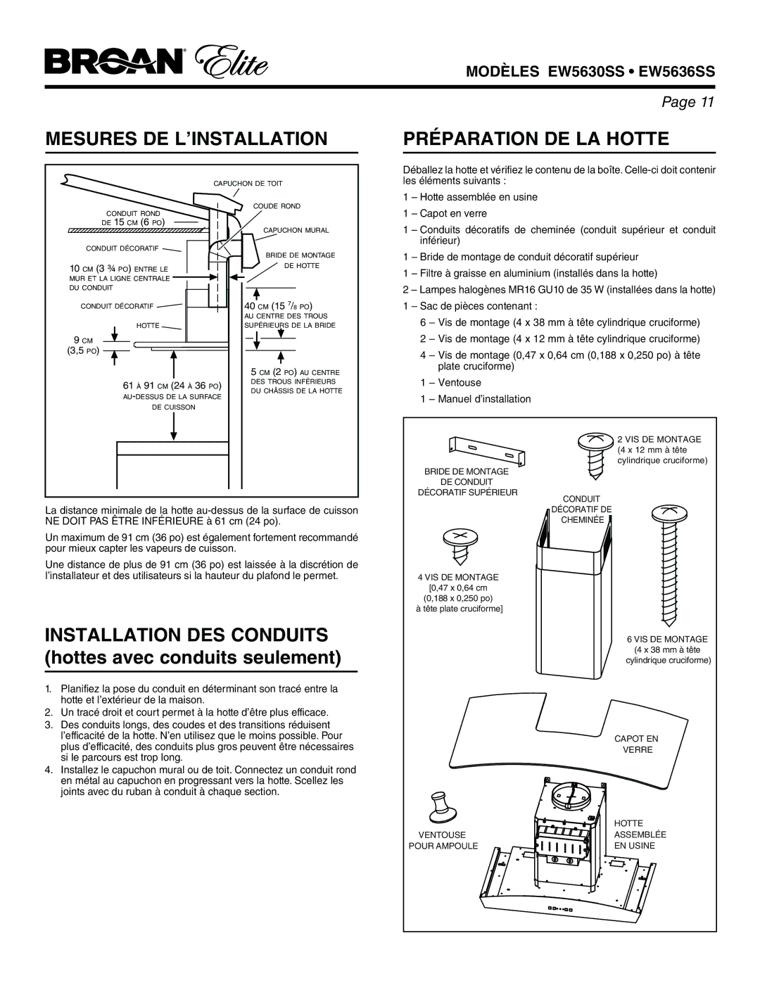 Broan EW5630SS, EW5636SS manual Mesures DE L’INSTALLATION, Préparation DE LA Hotte 