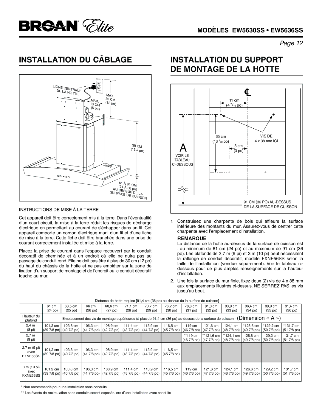 Broan EW5636SS, EW5630SS manual Instructions DE Mise À LA Terre, Max 