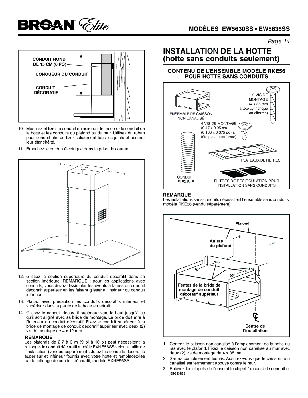 Broan EW5636SS, EW5630SS manual Installation DE LA Hotte hotte sans conduits seulement, Longueur DU Conduit Décoratif 